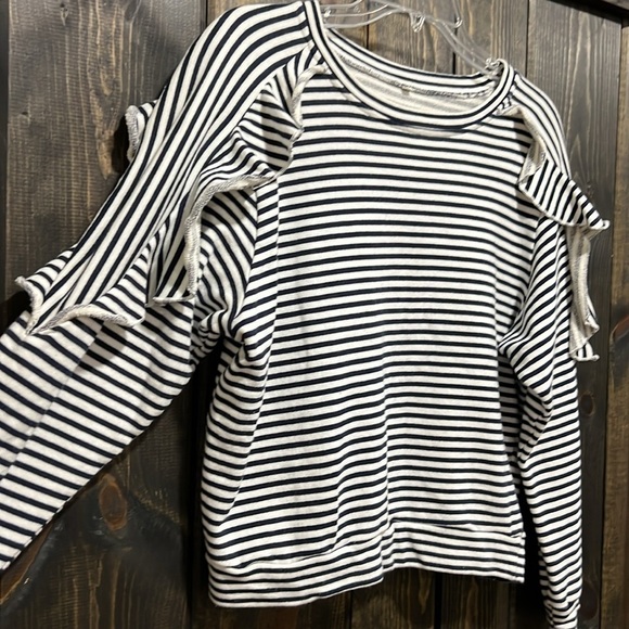 Ruffle‎ Sleeve Striped Sweater S Black White Jersey Knit Casual Cropped Boho - Picture 3 of 8